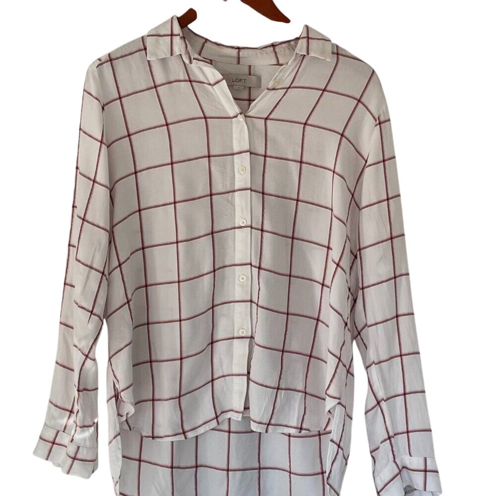 LOFT Lightweight Pink Check Button Down High Low Shirt, Preppy, Casual, M